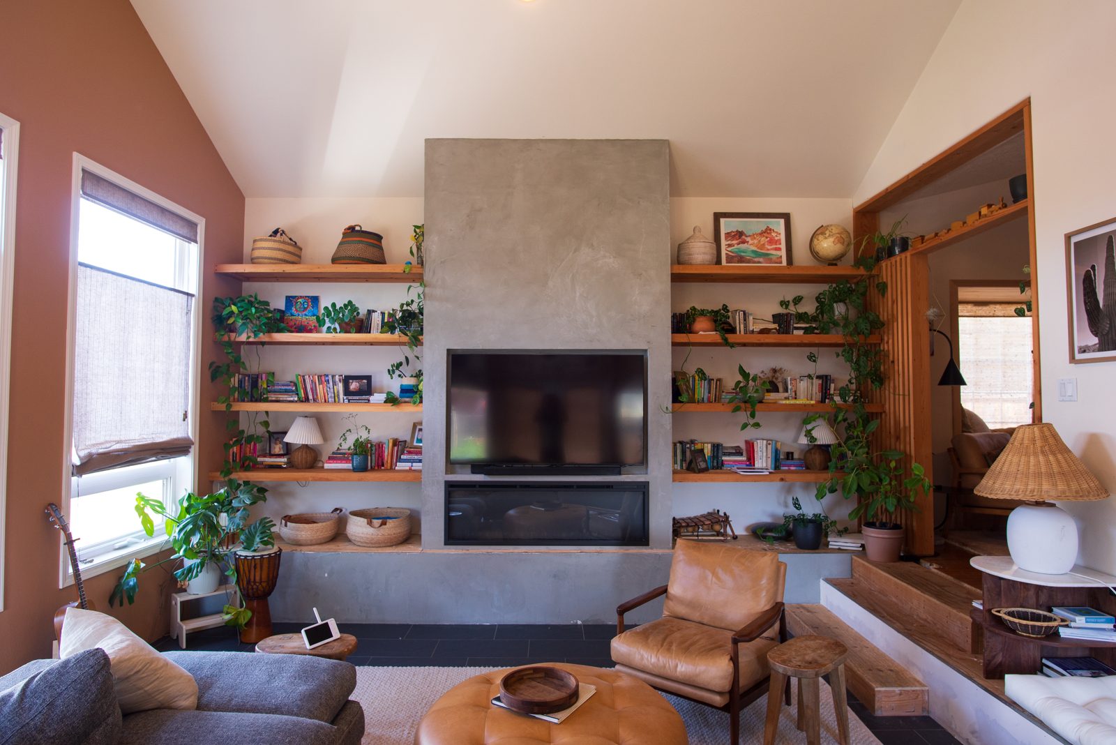 Living room built-in shelving and fireplace, alternate view